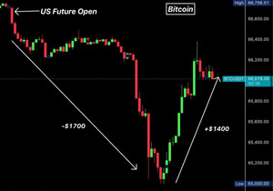 속보: 비트코인이 60분 만에 66,710달러에서 65,000달러로 -1,700달러 급락하면서 롱 포지션 1…